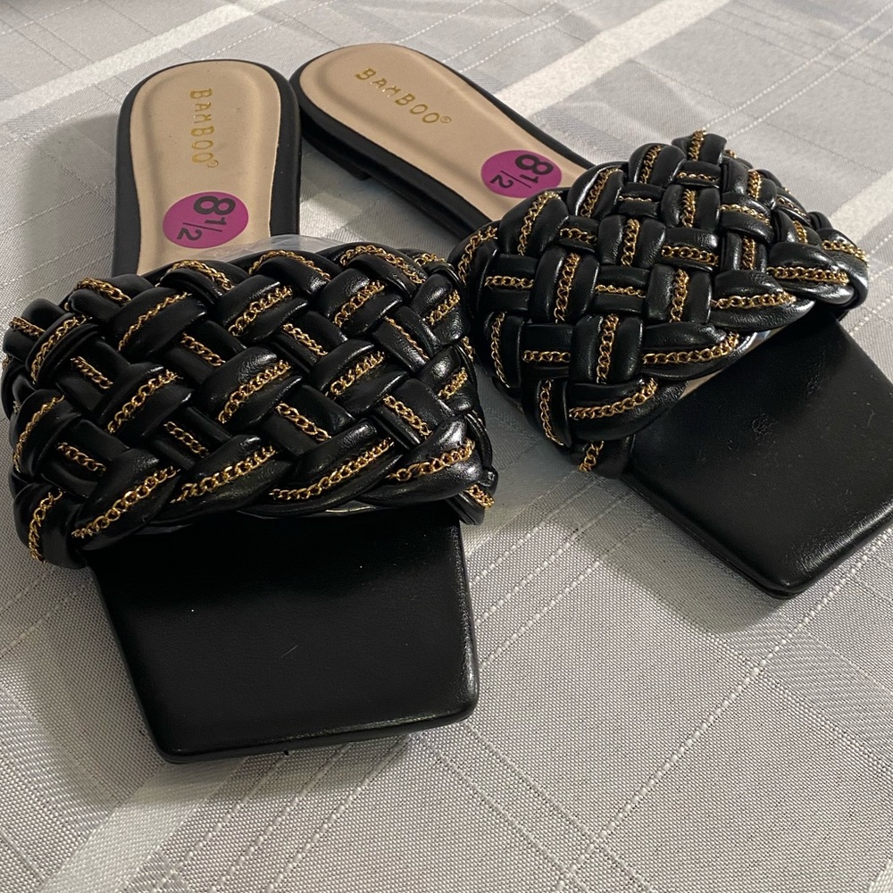 Bamboo Slip On Braided Black and Gold Slide Sandals. Size 8.5 New Condition.